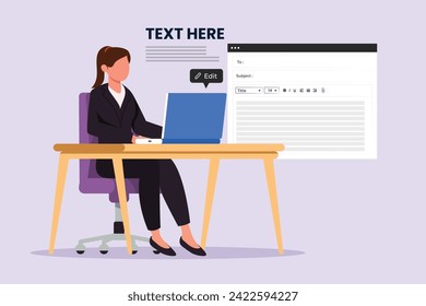 Concept of computer work, text typing, posting. Colored flat vector illustration isolated.