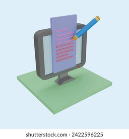 Concept of computer work, text typing, posting. Realistic 3d object cartoon style.
