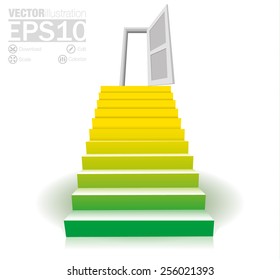 Concept or conceptual 3D stair going up to open door. metaphor to success, career, work, progress, rise, achievement, ambition, growth goal. Vector illustration