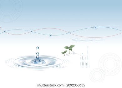 Concepto o gota de líquido azul conceptual que cae en el agua sobre el fondo con ondas y ondas. 3d ilustración metáfora para la naturaleza, natural, verano, spa, fresco, negocios, medio ambiente, lluvia o salud