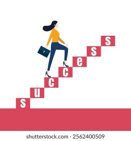 Concept conceptual businesswoman or businesswoman step on stair up over success box text. business success and leadership creative concept idea. vector illustration