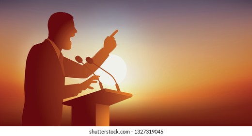 Concept of the conference, with a politician behind a desk, who positions himself as a leader by delivering a speech at an election campaign rally.