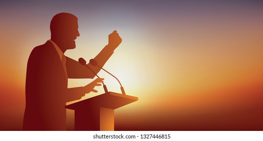 Concept of the conference, with a politician behind a desk, who positions himself as a leader by delivering a speech at an election campaign rally.
