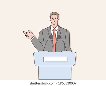 Concept Of The Conference, A Young Man Delivers A Speech Confidently At The Podium. He Is Wearing A Suit And Reaching Out His Hand. Hand Drawn Style Vector Design Illustrations.