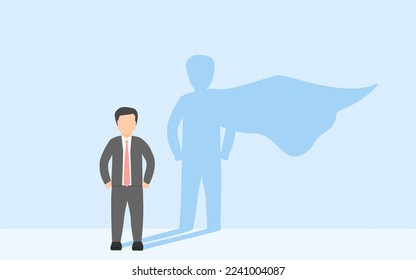 concepto de confianza. un hombre de negocios con su sombra como superhéroe usando capa. ilustración vectorial de la valentía