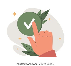 Concept of confirmation. Hand presses green button with tick. Interface and graphic elements for website and applications, character accept terms of agreement. Cartoon flat vector illustration