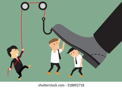 concept of conflict between subordinate and boss. businessman battle with the big feet. vector illustration.