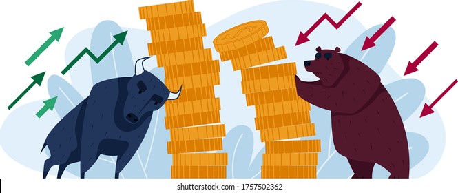 Concept confrontation bear versus bull, world financial crisis isolated on white, cartoon vector illustration. Stock market exchange, animal hold money stack gold coin, investing global share.