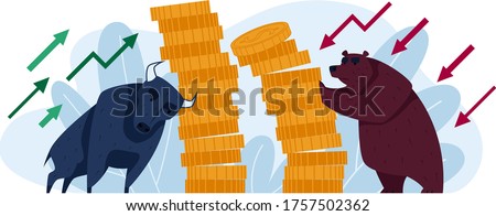 Concept confrontation bear versus bull, world financial crisis isolated on white, cartoon vector illustration. Stock market exchange, animal hold money stack gold coin, investing global share.
