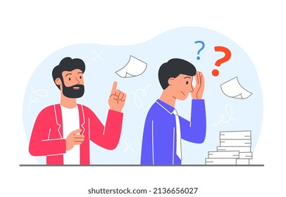 Concept Of Confused. Employee Does Not Listen To Advice From Colleague. Difficulties And Overloaded Character. Emotional Burnout And Paperwork Fatigue, Tired Person. Cartoon Flat Vector Illustration