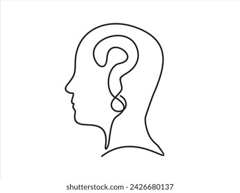 Concept of confused feelings in one continuous line drawing. Human head with question mark inside in simple linear style. Doodle Vector illustration for banner, brochure, poster, presentation