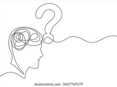Concepto de sentimientos confusos en un dibujo de línea continua. Cabeza humana con signo de interrogación en el interior en estilo lineal simple. Ilustración vectorial de Doodle para banner, folleto, póster, presentación