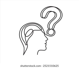 Concept of confused feelings in one continuous line drawing. Human head with question mark in simple linear style. Doodle Vector illustration for banner, brochure, poster, presentation