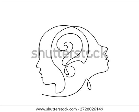 Concept of confused feelings in one continuous line drawing. Human head with question mark inside in simple linear style.  Hand drawn one line vector. Editable stroke	