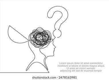 Concepto de confusión en la cabeza y signo de interrogación. Dibujo continuo de una línea. Problemas de estrés enfermedad y depresión concepto