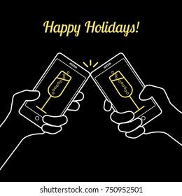 Concept, congratulate with smart phone messages. Provide with digital message. Illustration of hands with smart phone and champagne glass icon. vector