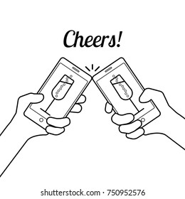 Concept, Congratulate With Smart Phone Messages. Provide With Digital Message. Illustration Of Hands With Smart Phone And Champagne Glass Icon. Vector