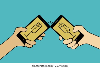 Concept, congratulate with smart phone messages. Provide with digital message. Illustration of hands with smart phone and champagne glass icon. vector