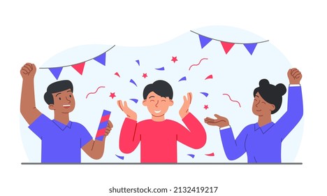 Concepto de felicitación. Grupo de jóvenes con confeti. Festividades y tarjetas de felicitación o invitación. Cumpleaños y vacaciones, amigos. Fiesta interior, felicidad. Dibujo vectorial plano de dibujos animados