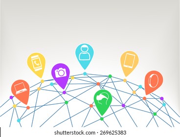 Concept of connected devices like smart phone, smart watch, wearables, camera in internet of things (IoT) era. Consumer and world grid with connected dots with different colors. 