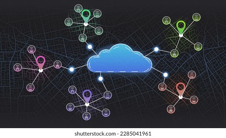 Concept for connected devices. Ride sharing service. Location tracks dashboard. Cloud Data Processing Center. Passenger location sharing for driver. Vector illustration