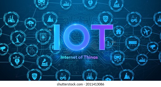 The concept of connecting devices via wireless IOT communication. Icons of various devices on a blue background with neon text. Internet of things automation system with digital icon concept. Vector