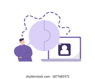 a concept of connecting thoughts, understanding the wishes and desires of customers or clients. illustration of a man chatting with other people using a laptop. flat style. vector design elements