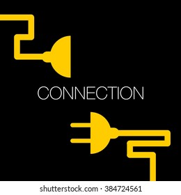 Concept connection or disconnection electricity. Yellow power plug on black background.