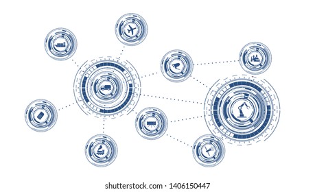 The concept of connection and electronic devices. Internet of things devices and connectivity concepts on a network. Spider web of network connections with on a white  background. IOT icons industrial