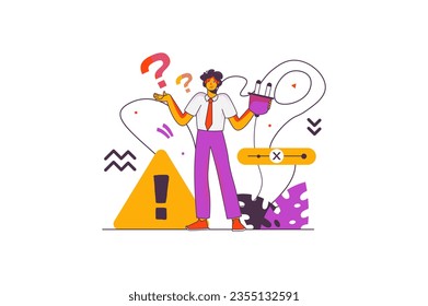 Concept connection interrupted with people scene in the flat cartoon style. The man is trying to find a malfunction in work equipment that caused communication to be interrupted. Vector illustration.