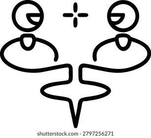 Concept of connection, partnership, or joining forces. Icon represents unity, collaboration, or adding value between individuals. Simple line art.