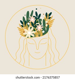 The concept of a conscious woman. Esotericism, imagination and fantasy. Inner peace and balance. Cartoon flat vector illustration of a girl with flowers