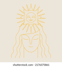 The concept of a conscious woman. Esotericism, imagination and fantasy. Inner peace and balance. Cartoon flat vector illustration of a girl with the sun