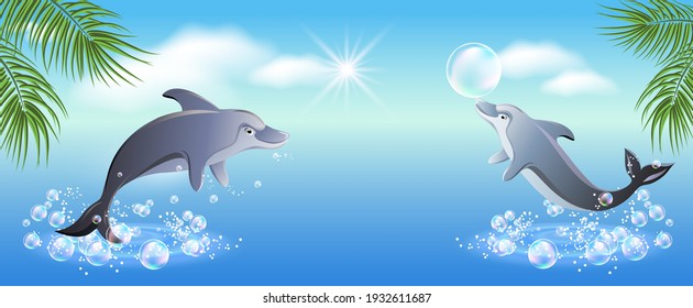 Concept for conservation of aquatic environment of oceans and seas. Ocean Protection Day. Dolphin show for day of underwater world and day of dolphins. Summer tourism theme.