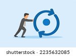 CONCEPT OF CONSISTENCY. CONSISTENT HARD WORK CONCEPT FOR MAXIMUM RESULTS. BUSINESSMAN PUSHING CIRCLE WITH ARROW THAT HAS CONSISTENT ROTATION. CONCEPT OF CONSISTENCY IS KEY