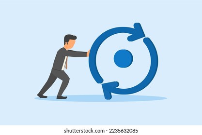 CONCEPT OF CONSISTENCY. CONSISTENT HARD WORK CONCEPT FOR MAXIMUM RESULTS. BUSINESSMAN PUSHING CIRCLE WITH ARROW THAT HAS CONSISTENT ROTATION. CONCEPT OF CONSISTENCY IS KEY