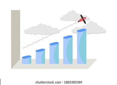 Concept of constant business growth. Bar chart with constant uptrend. Climb up to the clouds. Increase in sales and profits.