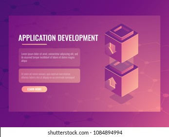 Concept of constructing and development application, isometric vector blocks constructor, connection of two parts