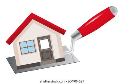 The concept of construction and home repairs. The house stands on the trowel. The logo for service. Vector illustration.