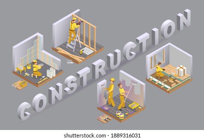 Concept of Construction and house repairs. Carpenter builds a partition. Repairer is laying parquet. Decorators are painting the walls. The Tiler. Isometric vector illustration. 3d isolated on grey.