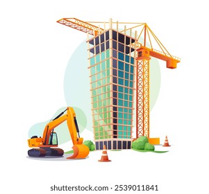 Concept of construction of multi-storey buildings. Illustration for a construction company. An unfinished building is next to a construction crane and an excavator. Vector Illustrations in cartoon 