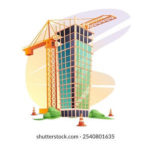 Concept of construction of multi-storey buildings. Illustration for construction company. Unfinished building near construction crane. Vector illustrations in cartoon style on white background.