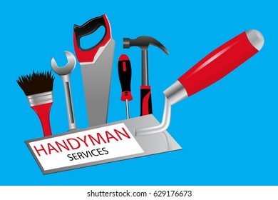 The concept of construction and repairs. The logo for professional handyman services. Trowel, saw, hammer, wrench, screwdriver and brush on a blue background.. Vector illustration.