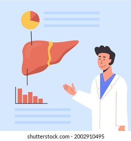 Concept of Consulting Doctor or Medical Scientist explaining human anatomy. Hospital Check Up. Liver Organ Diagnostics. Researcher studying liver. Hepatology. Flat Vector Illustration.