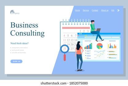 Concept of consulting services, project management, time management and marketing research. Landing page template of business consulting, women planner specialists compose charts and action calendar