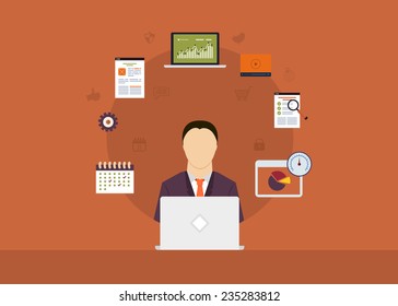 Concept of consulting services, project management, time management, marketing research, strategic planning. All elements are around icon of businessman