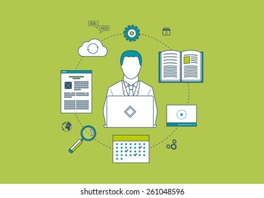 Concept of consulting services, project management, time management, marketing research, strategic planning and online learning. Thin line icons 