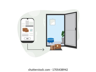 The concept of contactless home delivery via an online order. The concept of contactless home delivery via the Internet order. A box of goods at the front door and next to a smart phone