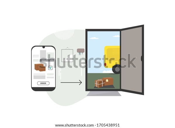 The\
concept of contactless home delivery via an online order. The\
concept of contactless home delivery via the Internet order. A box\
of goods at the front door and next to a smart\
phone
