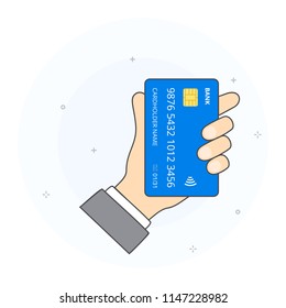Concept of contactless payment card. Hand holding credit card. Vector illustration, white background.